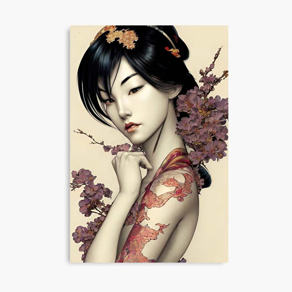 Illustration of a sukeban girl with tattoos and kitsune mask on Craiyon