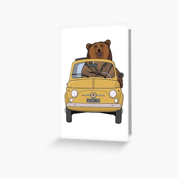 Brown bear driving a yellow retro Fiat 500 Greeting Card