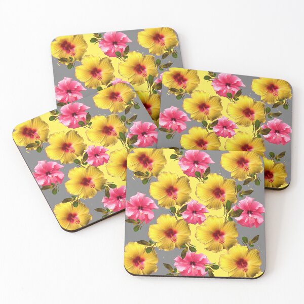 Item preview, YELLOW, PINK HIBISCUS FLOWER PATTERNS GREY-YELLOW ART designed and sold by sharlesart.