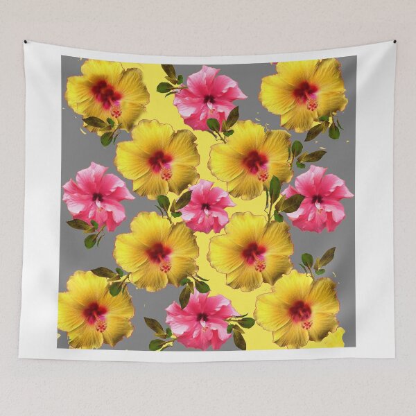 Item preview, YELLOW, PINK HIBISCUS FLOWER PATTERNS GREY-YELLOW ART designed and sold by sharlesart.