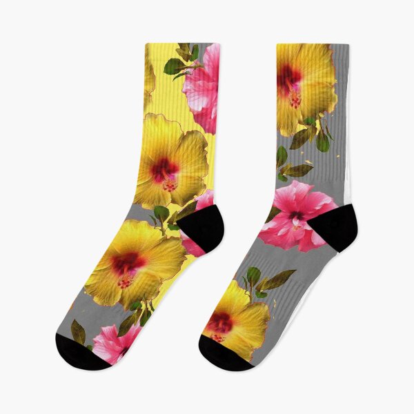 Item preview, YELLOW, PINK HIBISCUS FLOWER PATTERNS GREY-YELLOW ART designed and sold by sharlesart.