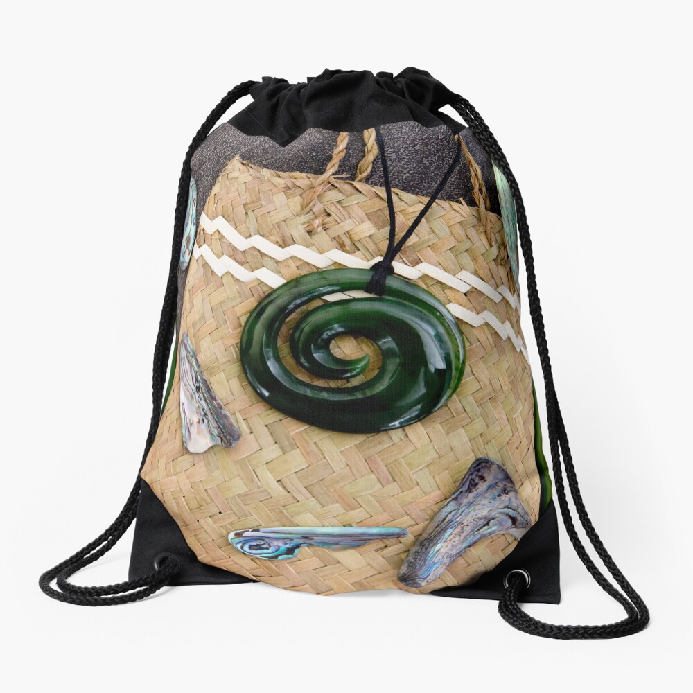 "NZ Maori Culture Greenstone, Kete And Flax" Drawstring Bag for Sale