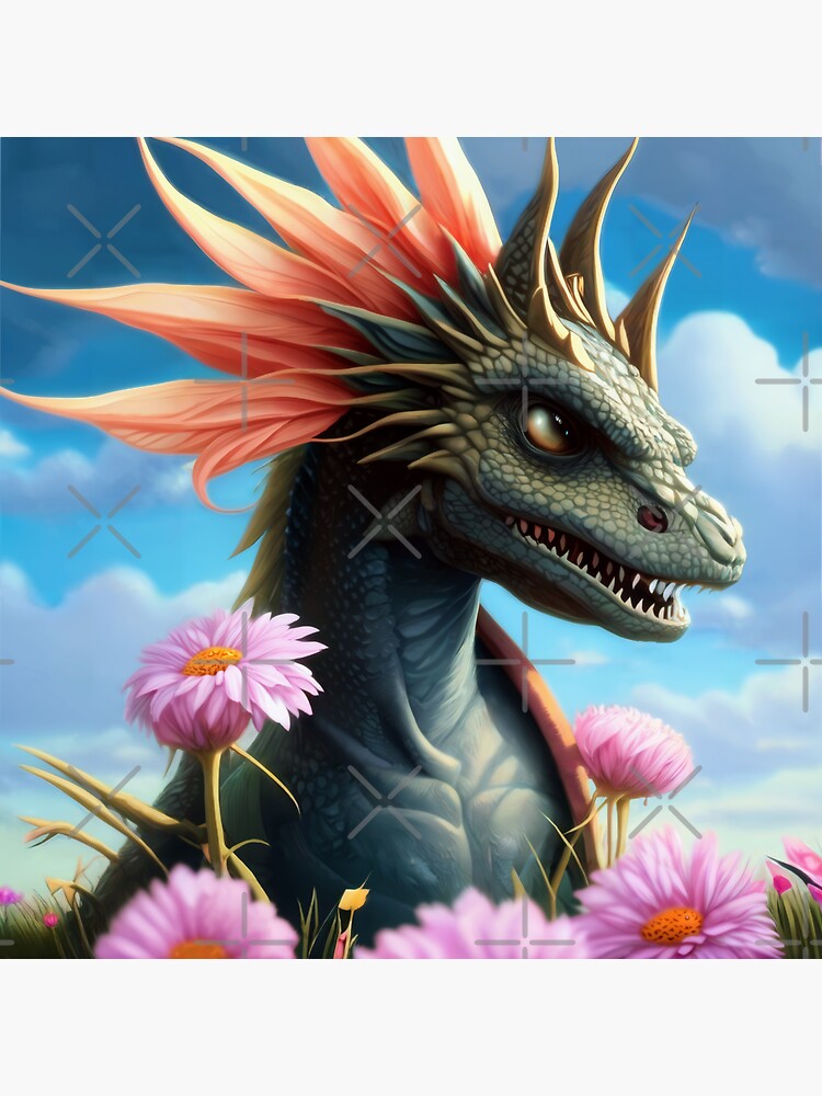 Thumbnail 3 of 3, Sticker, Baby Green Dragon surrounded by Flowers and Blue Sky designed and sold by dragynrain.