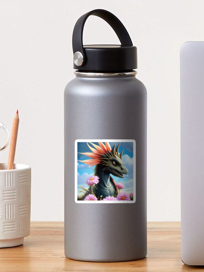 Thumbnail 1 of 3, Sticker, Baby Green Dragon surrounded by Flowers and Blue Sky designed and sold by dragynrain.