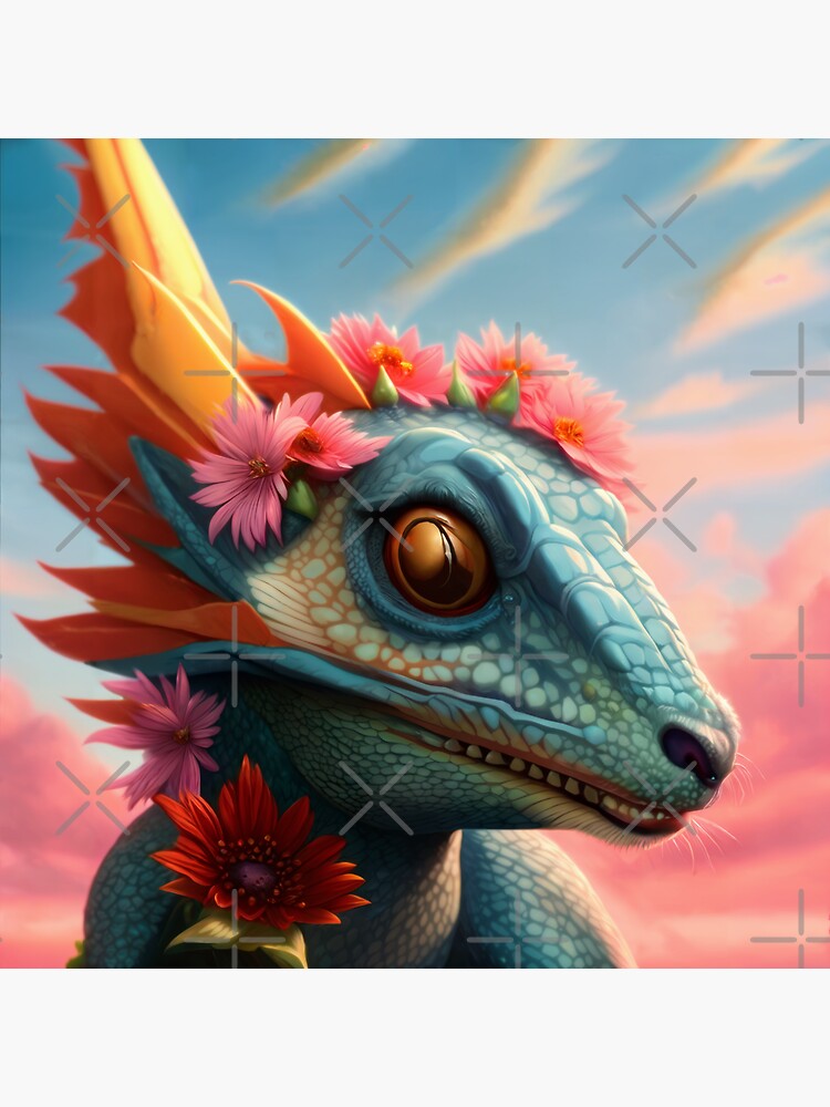 Thumbnail 3 of 3, Sticker, Baby Blue Dragon with Flowers and Sunset designed and sold by dragynrain.