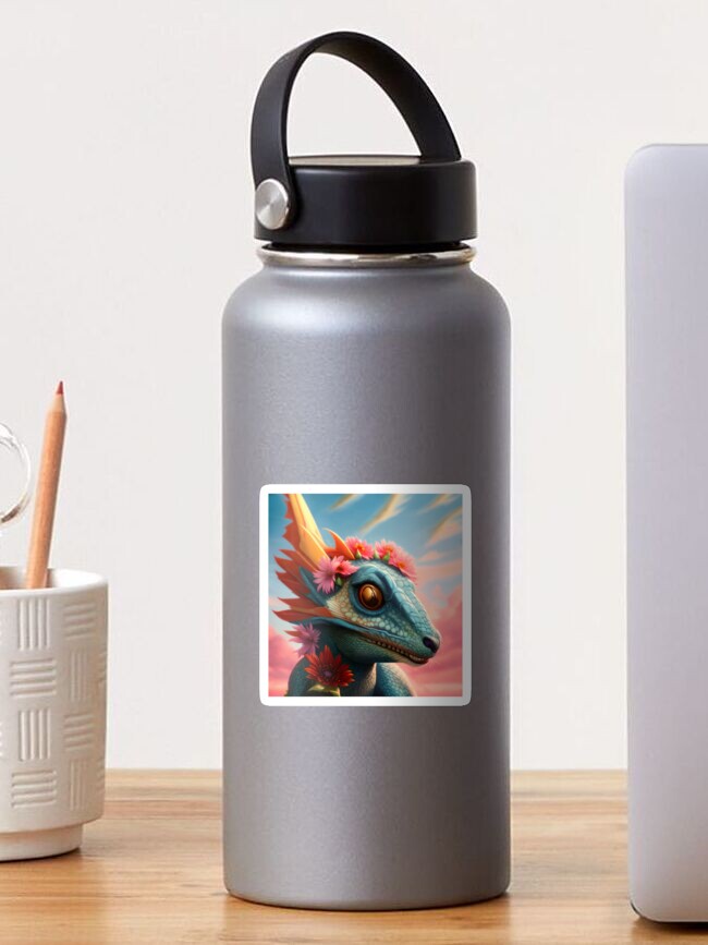 Thumbnail 1 of 3, Sticker, Baby Blue Dragon with Flowers and Sunset designed and sold by dragynrain.