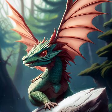 Artwork thumbnail, Baby Green Dragon with Pink Wings in the Woods by dragynrain