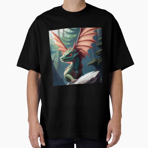 Baby Green Dragon with Pink Wings in the Woods Oversized T-Shirt