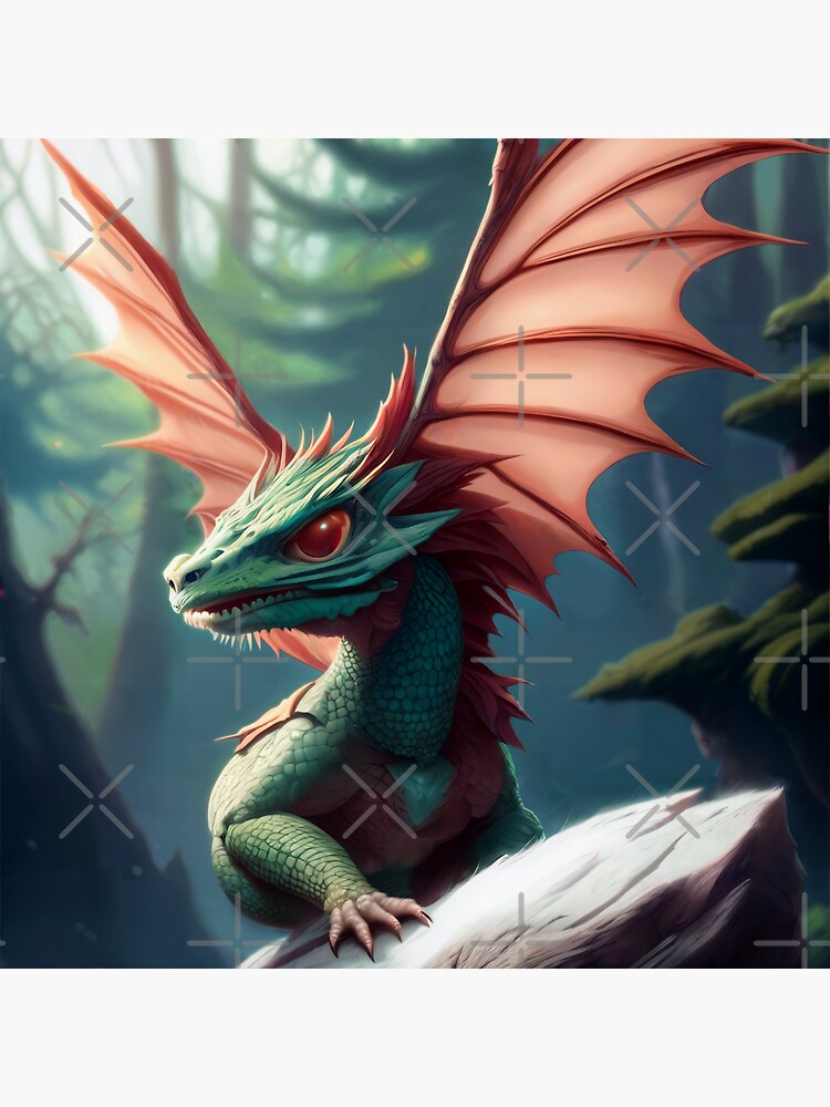 Thumbnail 3 of 3, Sticker, Baby Green Dragon with Pink Wings in the Woods designed and sold by dragynrain.