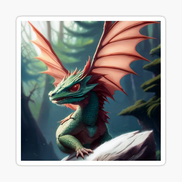 Baby Green Dragon with Pink Wings in the Woods Sticker