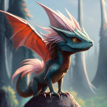 Artwork thumbnail, Fuzzy Young Blue Dragon with Pink Wings on a Rock by dragynrain