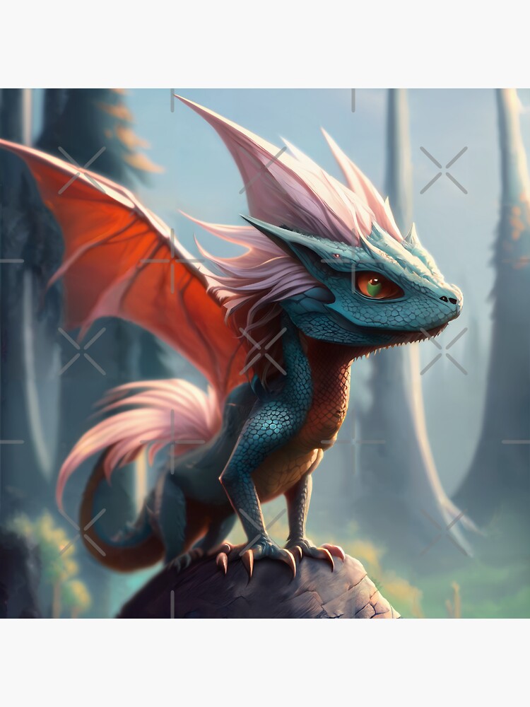 Thumbnail 3 of 3, Sticker, Fuzzy Young Blue Dragon with Pink Wings on a Rock designed and sold by dragynrain.
