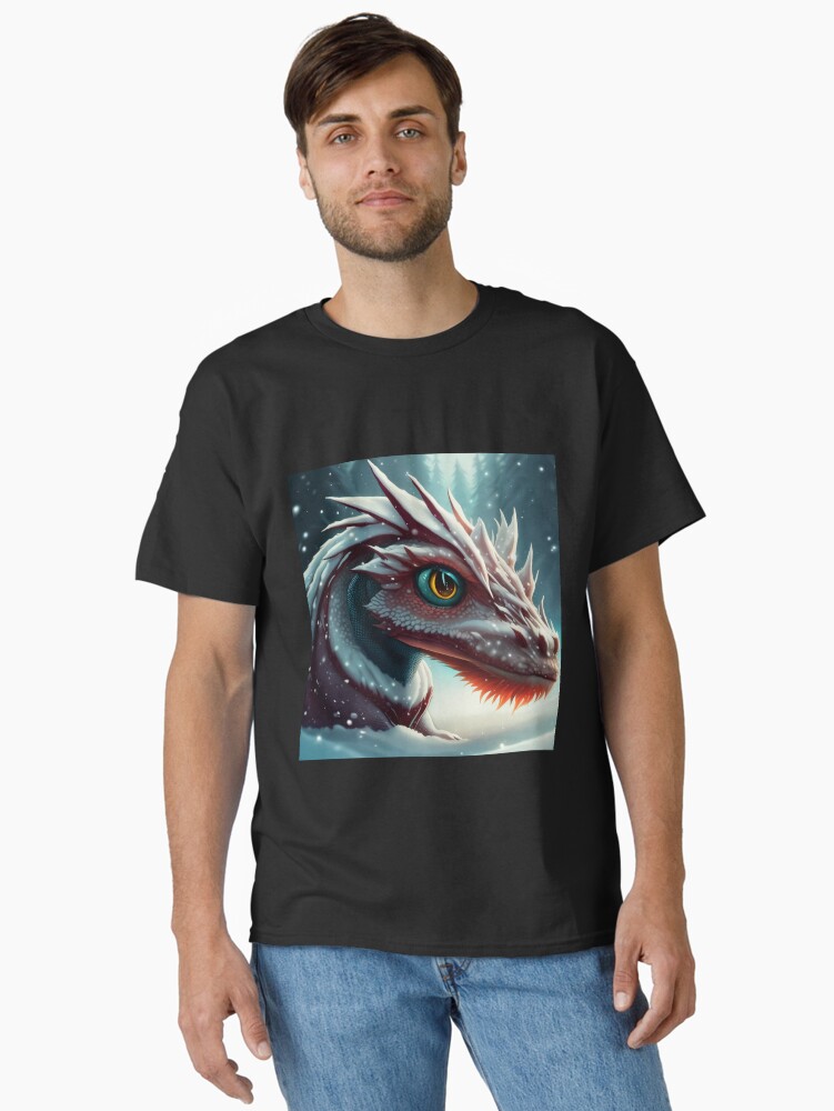 Thumbnail 1 of 7, Classic T-Shirt, Ancient Red Dragon Raises Head out of Snow designed and sold by dragynrain.