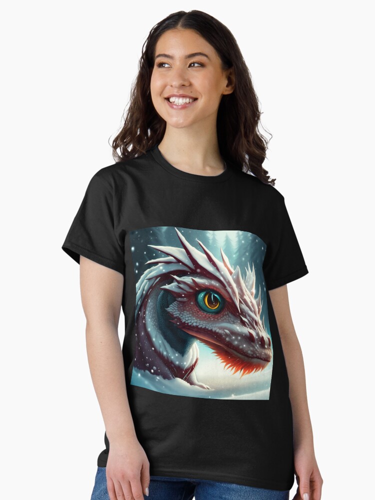 Thumbnail 2 of 7, Classic T-Shirt, Ancient Red Dragon Raises Head out of Snow designed and sold by dragynrain.