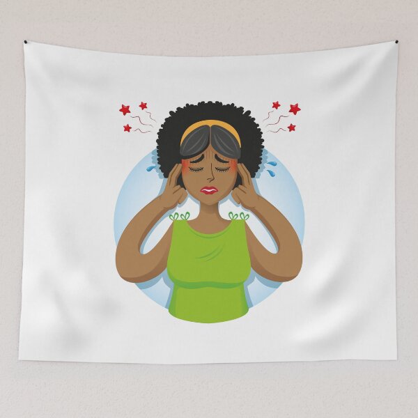 Item preview, Afro-descendant woman person mascot with headache, symptoms. Ideal for informative and institutional related to medicine designed and sold by LucianoCosmo.