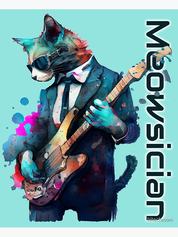 Poster for Sale avec l'œuvre « Jeu de mots de chat cool pour les musiciens  - meowsician - musicien de jazz, chat jouant de la guitare électrique à  l'aquarelle » de l'artiste