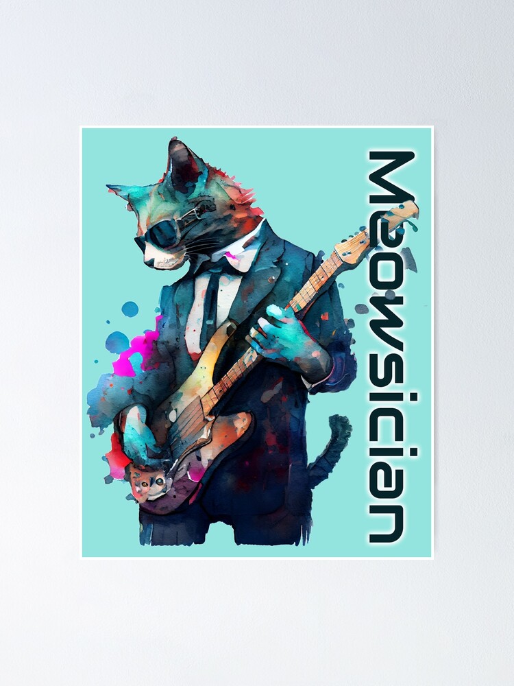 Poster for Sale avec l'œuvre « Jeu de mots de chat cool pour les musiciens  - meowsician - musicien de jazz, chat jouant de la guitare électrique à  l'aquarelle » de l'artiste