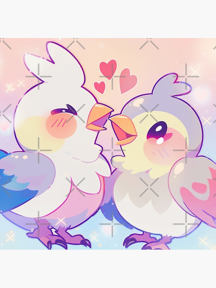"Cute Anime Style Lovebirds with Love Hearts and Sparkles" Poster for