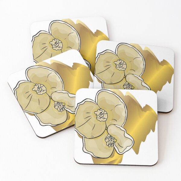 Artikelvorschau, Goldene tropische Blumen auf abstrakten Flecken von goldener Farbe entworfen und verkauft von Anastasiia Yurevych.