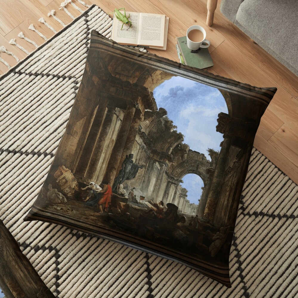 Imaginary View of the Grand Gallery of the Louvre in Ruins by Hubert Robert Floor Pillow