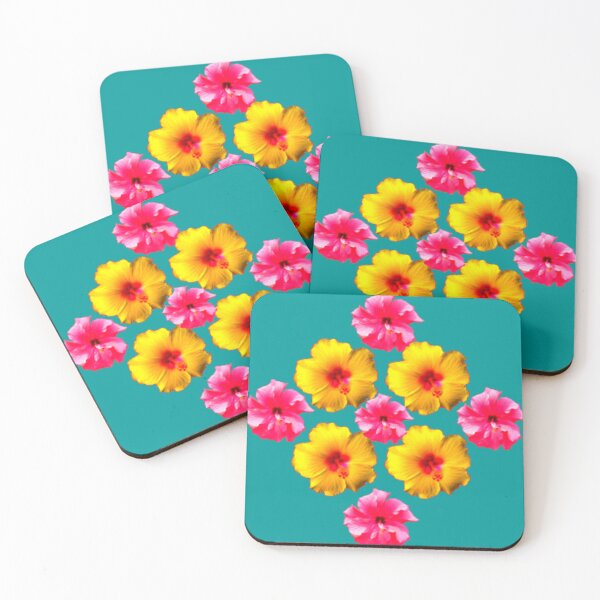 Item preview, TROPICAL YELLOW-PINK HIBISCUS TEAL DESIGN ART designed and sold by sharlesart.
