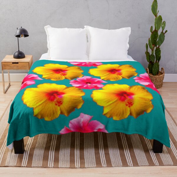 Item preview, TROPICAL YELLOW-PINK HIBISCUS TEAL DESIGN ART designed and sold by sharlesart.