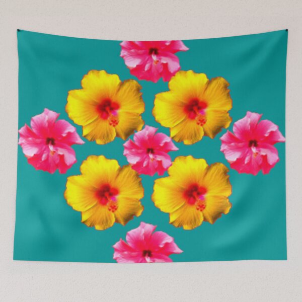 Item preview, TROPICAL YELLOW-PINK HIBISCUS TEAL DESIGN ART designed and sold by sharlesart.