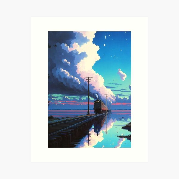 Aperçu de l'œuvre Rétro Anime Style Nuit Vue Vieux Train Japonais créée et vendue par KaPrints.