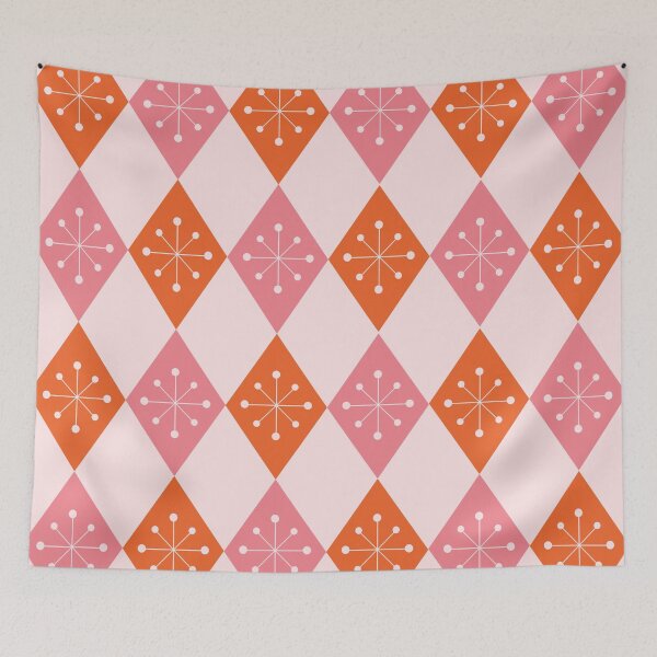 Item preview, Retro atomic starbursts on pink and orange harlequin diamonds pattern  designed and sold by Yasminepatterns .
