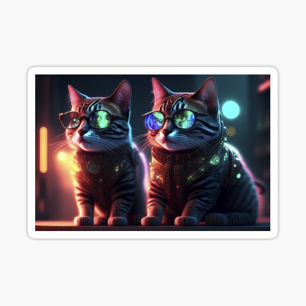 "Two cats with glasses in a neon city" Sticker for Sale by BornToPrint ...