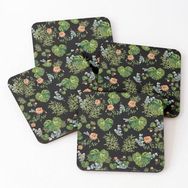 Aperçu de l'œuvre Rose flower palm leaf branch pattern watercolor black créée et vendue par Yana Mustafina | Boho Soulful Designs.