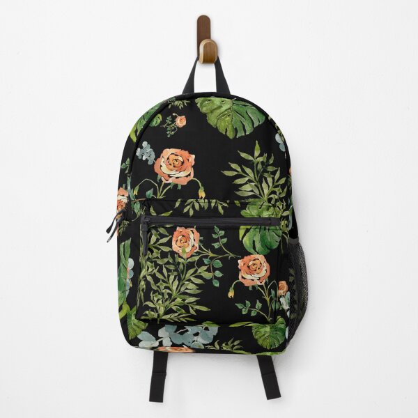 Aperçu de l'œuvre Rose flower palm leaf branch pattern watercolor black créée et vendue par Yana Mustafina | Boho Soulful Designs.