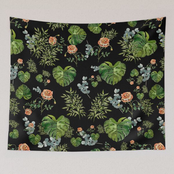 Artikelvorschau, Rose flower palm leaf branch pattern watercolor black entworfen und verkauft von Yana Mustafina | Boho Soulful Designs.