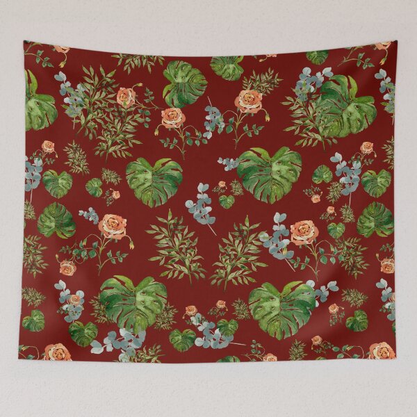 Artikelvorschau, Rose flower palm leaf branch pattern watercolor red entworfen und verkauft von Yana Mustafina | Boho Soulful Designs.
