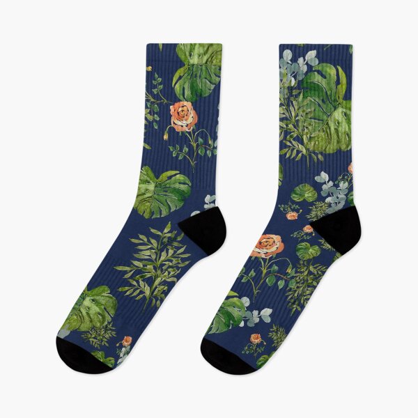 Aperçu de l'œuvre Rose flower palm leaf branch pattern watercolor indigo créée et vendue par Yana Mustafina | Boho Soulful Designs.