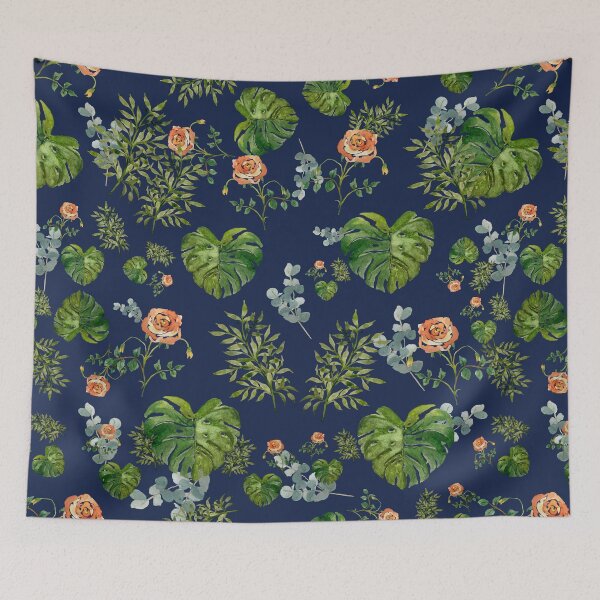Item preview, Rose flower palm leaf branch pattern watercolor indigo designed and sold by Yana Mustafina | Boho Soulful Designs.