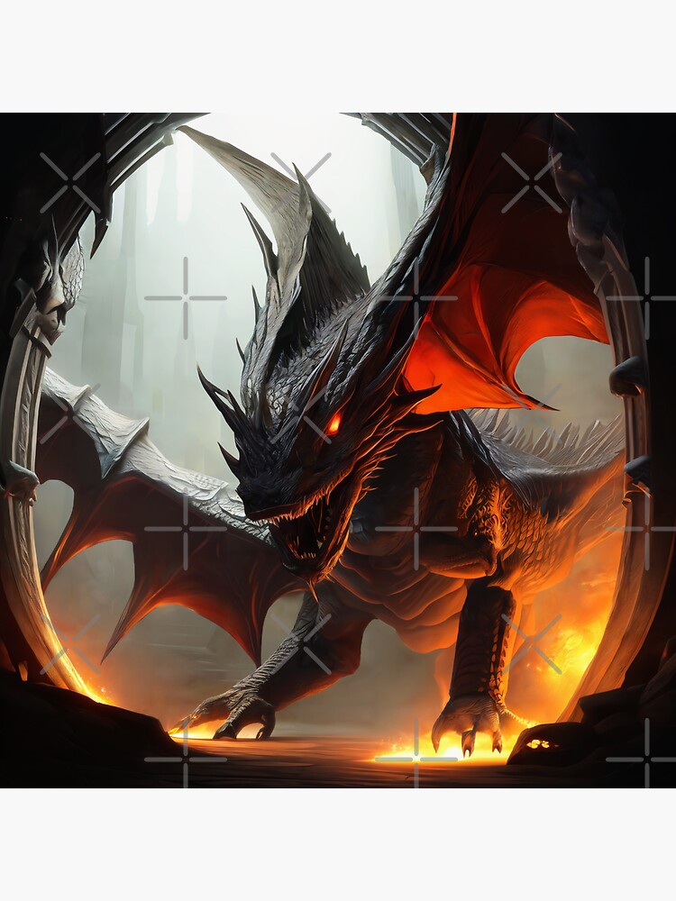 Thumbnail 3 of 3, Sticker, Evil Black Dragon with Wings surrounded by Fire in a Cave designed and sold by dragynrain.