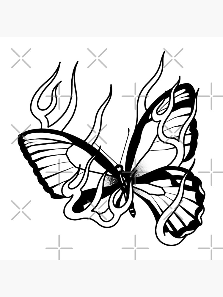 Tatouage papillon noir et blanc en feu Poster