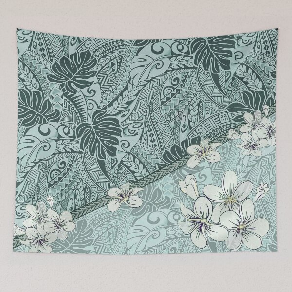 Item preview, Monstera Seafoam Green Tapa Fusion with Plumeria designed and sold by J Marielle Designs.