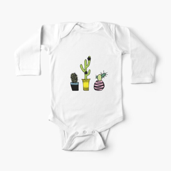 Mono blanco de bebé de manga larga con estampado de cactus de dibujos
