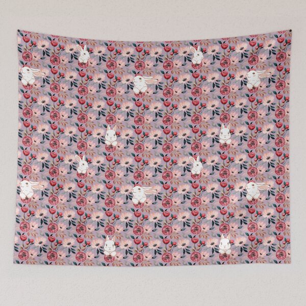 Item preview, cute bunny faces on purple floral pattern designed and sold by TheWaterBirds.
