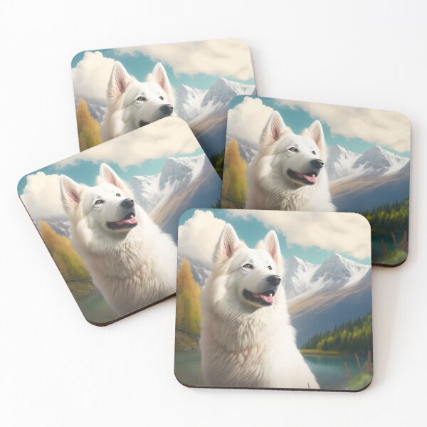 Artikelvorschau, Berger Blanc Suisse mit Bergen, weisser Schäferhund, Poster entworfen und verkauft von CosmicCritters.