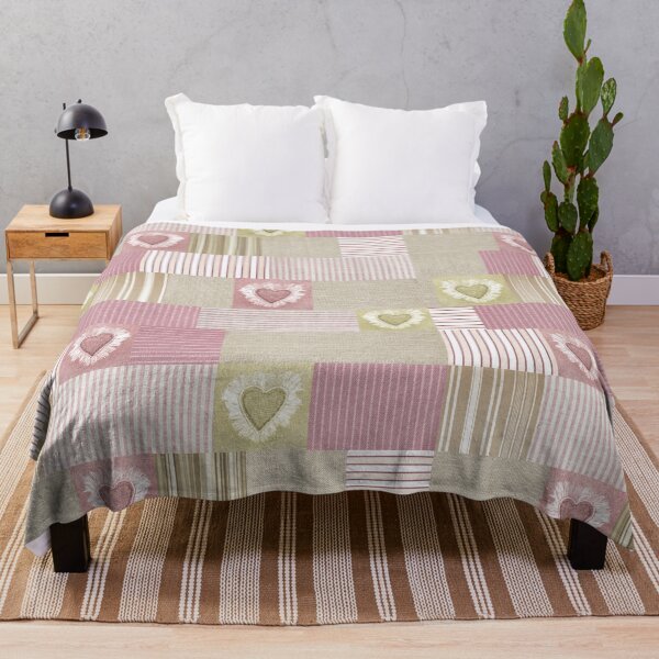 Item preview, Cute Pink Beige Patchwork Hearts Striped Ticking Pattern designed and sold by tanjica.