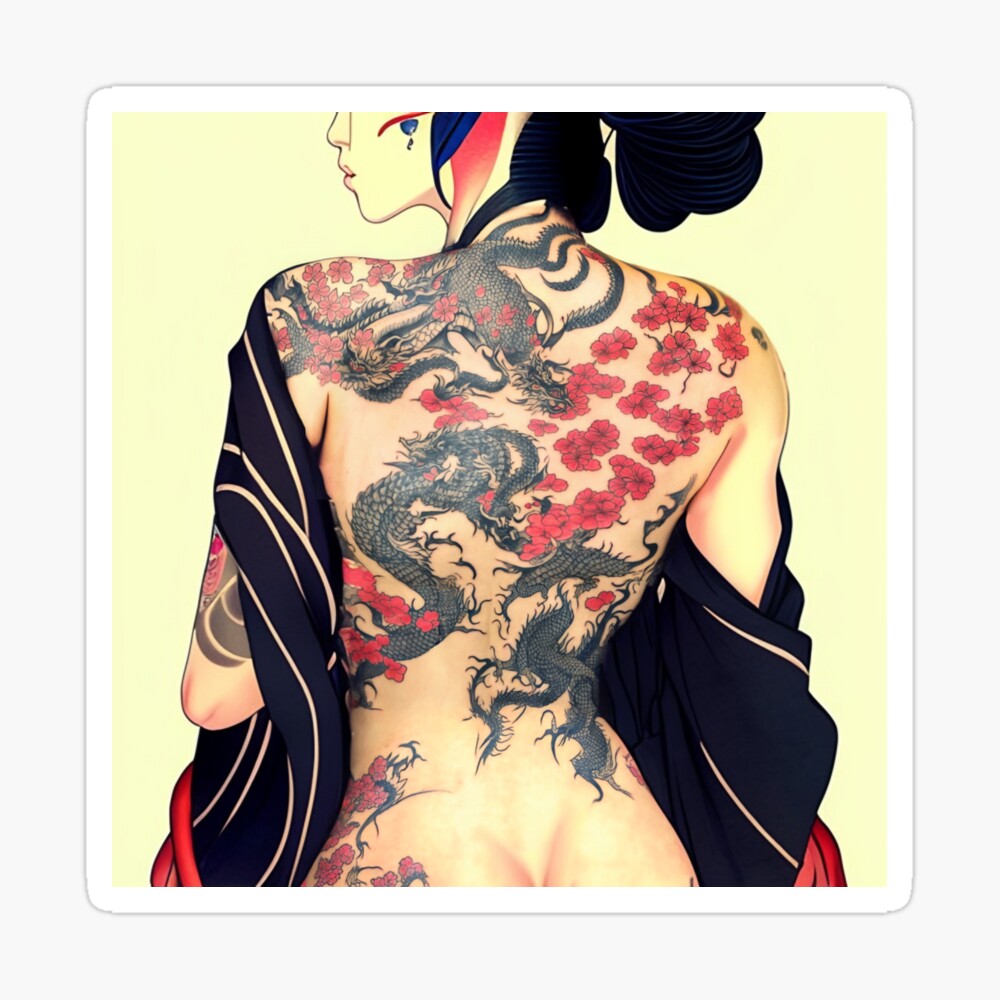 Geisha with Irezumi, Full Back Tattoos Portrait in Traditional Japanese +  Anime Style