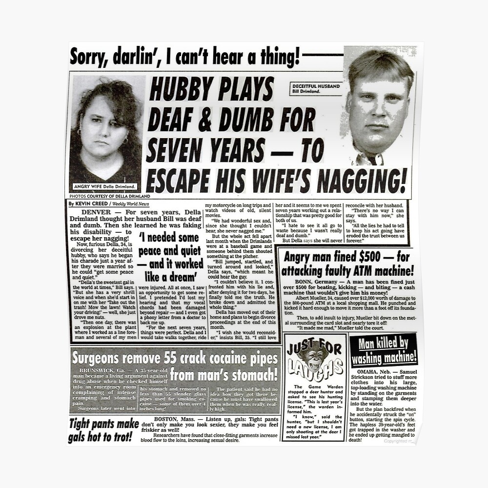 Funny husband wife hubby deaf dumb nagging nag complain cant hear married marriage anniversary ghost hunters ufo Bigfoot aliens bizarre odd strange enquire magazine article weekly news image
