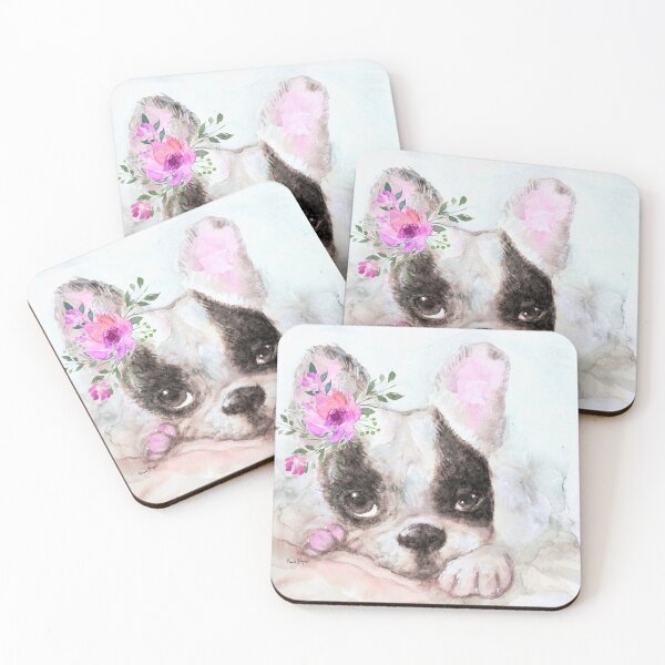 Item preview, French Bulldog dog face with flowers. French Bulldog puppy painted in watercolor designed and sold by Marina Braga  Artista en acuarela y diseñadora gráfica.