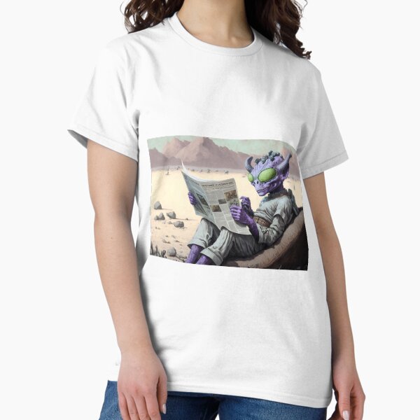 Item preview, Purple alien reading newspaper at the desert designed and sold by ARTificialTees.