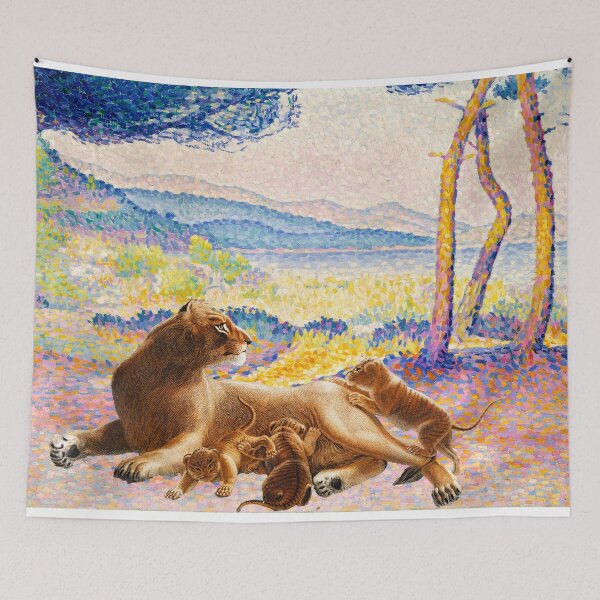 Item preview, Lioness with cubs in a forest in pointillism designed and sold by mycloudzdesign.