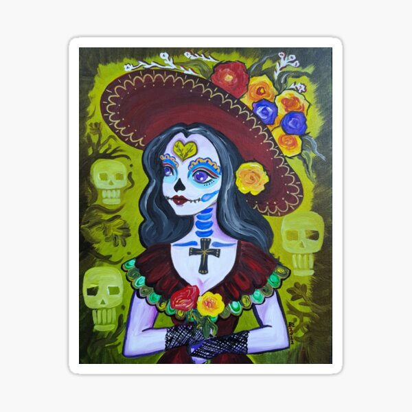 Green background Catrina Dia De Los Muertos Sticker