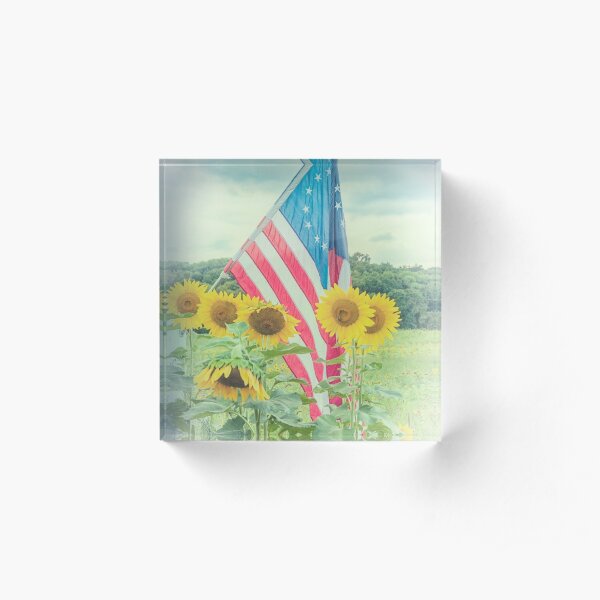 Sunflowers and American Flag Acrylic Block